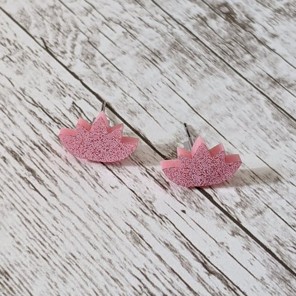 Sparkly Acrylic Light Pink Lotus with Light Pink Glitter Stud Earrings - Picture 6 of 10